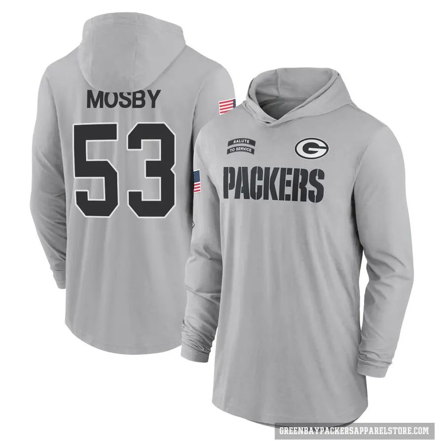 Youth ＃53 Arron Mosby Green Bay Packers Gray 2024 Salute to Service Lightweight Performance Long Sleeve Hooded T-Shirt
