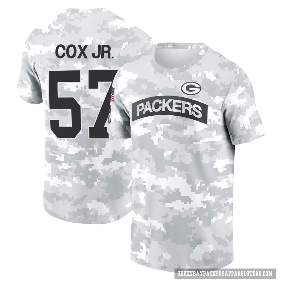 Youth ＃57 Brenton Cox Jr. Green Bay Packers Camo Arctic 2024 Salute to Service Performance T-Shirt
