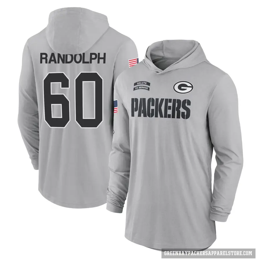 Youth ＃60 Keith Randolph Jr. Green Bay Packers Gray 2024 Salute to Service Lightweight Performance Long Sleeve Hooded T-Shirt