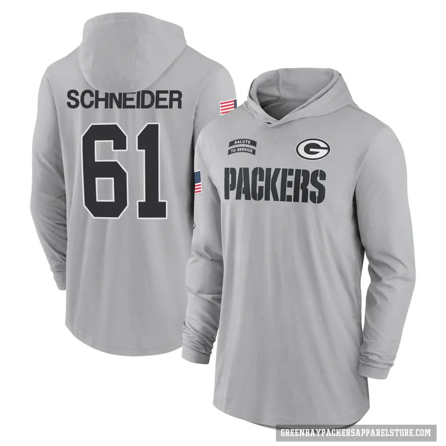 Youth ＃61 Cole Schneider Green Bay Packers Gray 2024 Salute to Service Lightweight Performance Long Sleeve Hooded T-Shirt