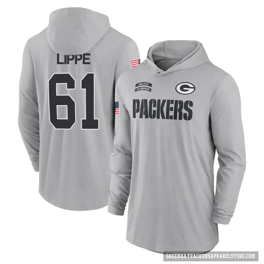 Youth ＃61 J.J. Lippe Green Bay Packers Gray 2024 Salute to Service Lightweight Performance Long Sleeve Hooded T-Shirt