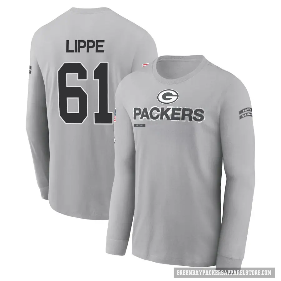 Youth ＃61 J.J. Lippe Green Bay Packers Gray 2024 Salute to Service Long Sleeve T-Shirt