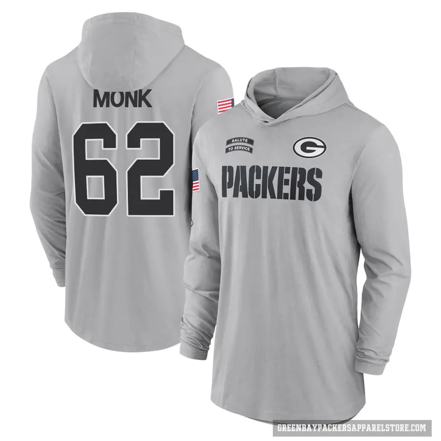 Youth ＃62 Jacob Monk Green Bay Packers Gray 2024 Salute to Service Lightweight Performance Long Sleeve Hooded T-Shirt