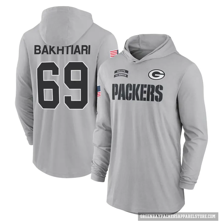 Youth ＃69 David Bakhtiari Green Bay Packers Gray 2024 Salute to Service Lightweight Performance Long Sleeve Hooded T-Shirt