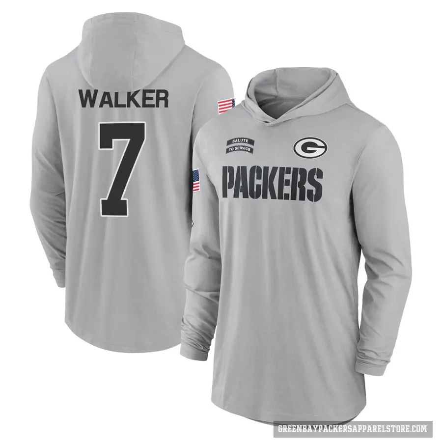 Youth ＃7 Quay Walker Green Bay Packers Gray 2024 Salute to Service Lightweight Performance Long Sleeve Hooded T-Shirt