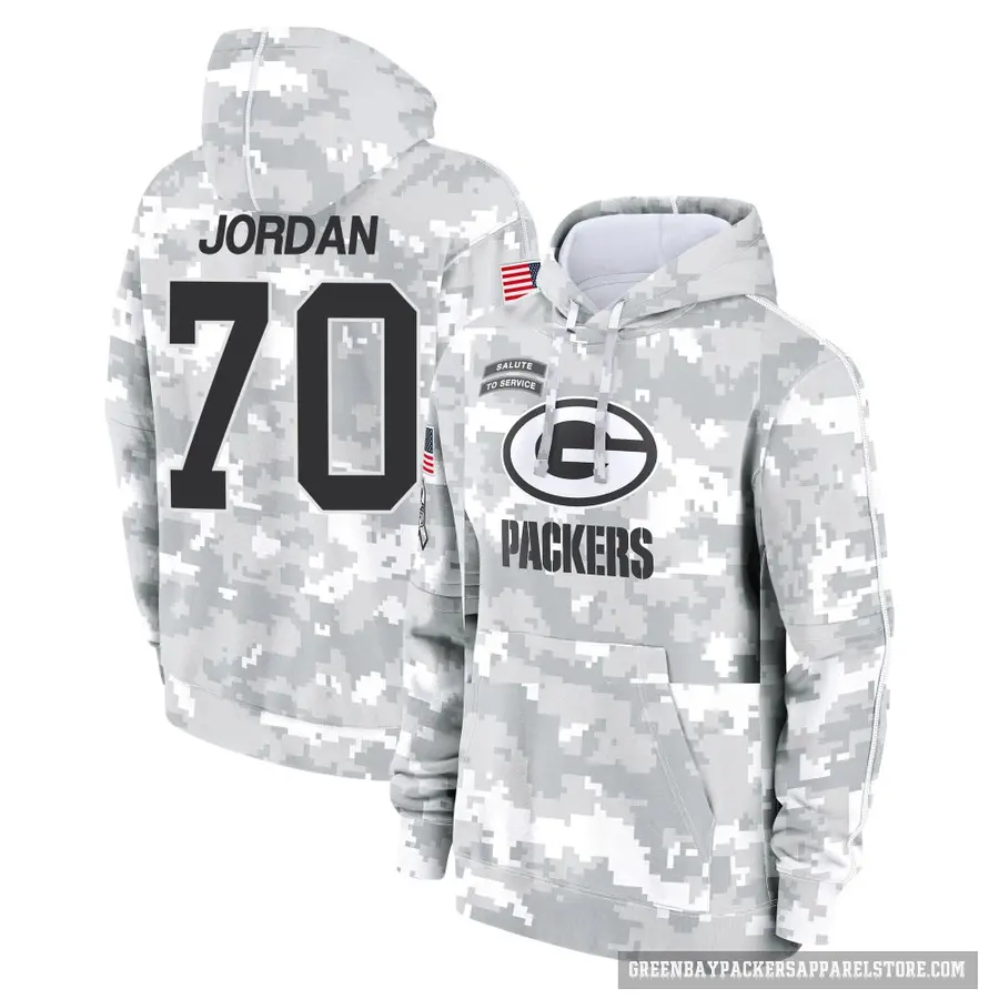 Youth ＃70 Michael Jordan Green Bay Packers Arctic Camo 2024 Salute to Service Club Fleece Pullover Hoodie