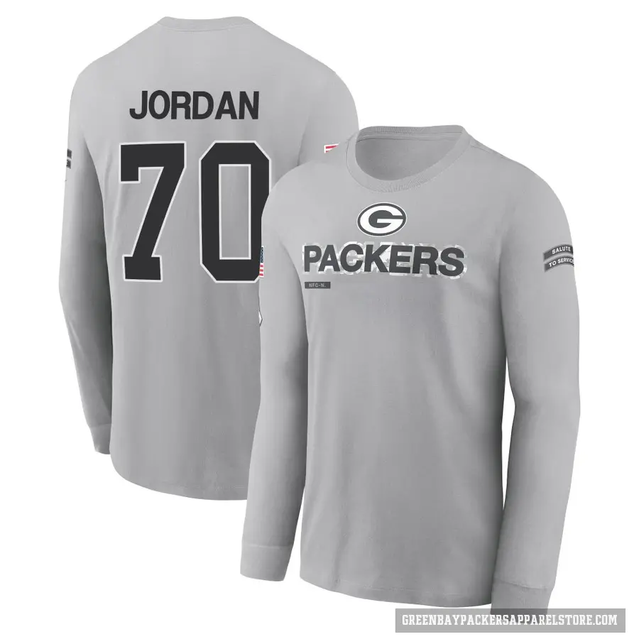 Youth ＃70 Michael Jordan Green Bay Packers Gray 2024 Salute to Service Long Sleeve T-Shirt