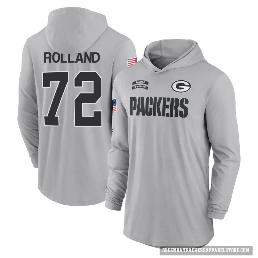 Youth ＃72 Spencer Rolland Green Bay Packers Gray 2024 Salute to Service Lightweight Performance Long Sleeve Hooded T-Shirt
