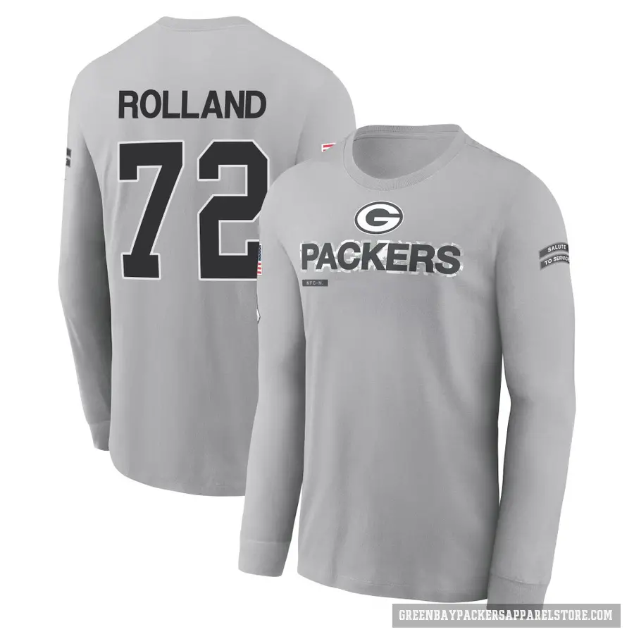 Youth ＃72 Spencer Rolland Green Bay Packers Gray 2024 Salute to Service Long Sleeve T-Shirt