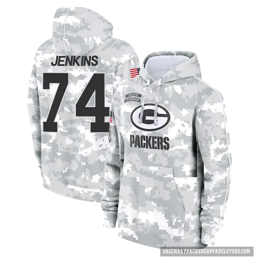 Youth ＃74 Elgton Jenkins Green Bay Packers Arctic Camo 2024 Salute to Service Club Fleece Pullover Hoodie