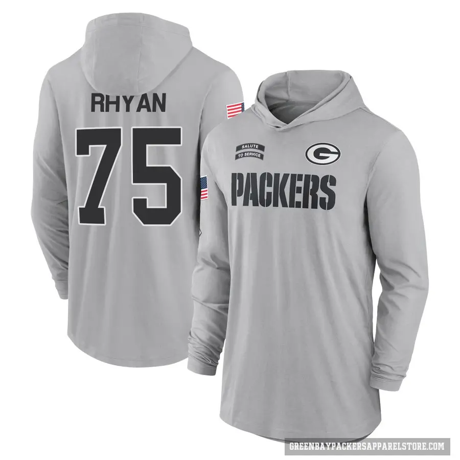 Youth ＃75 Sean Rhyan Green Bay Packers Gray 2024 Salute to Service Lightweight Performance Long Sleeve Hooded T-Shirt