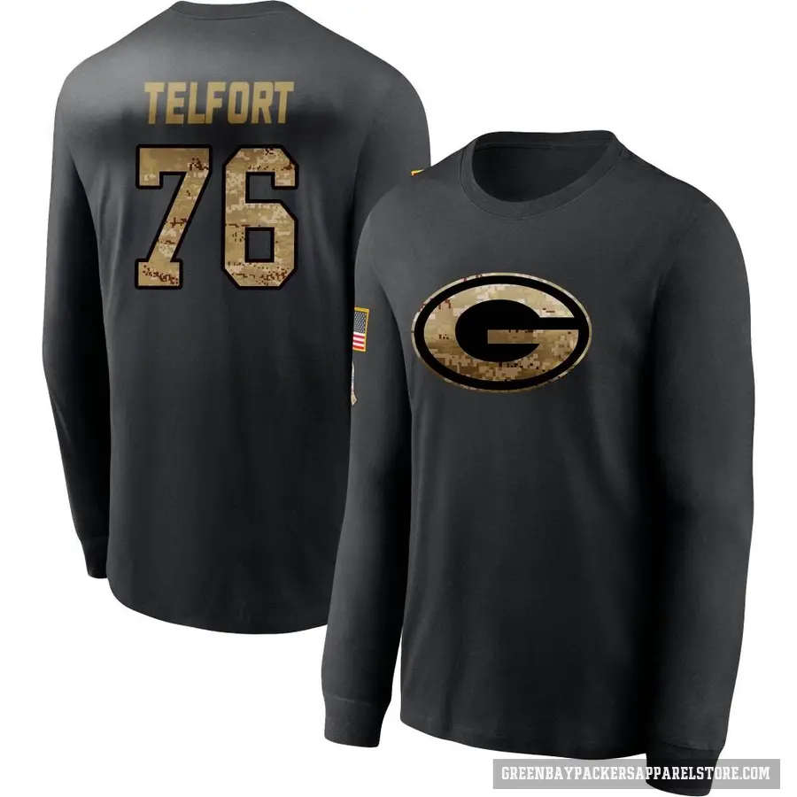Youth ＃76 Kadeem Telfort Green Bay Packers Black 2020 Salute To Service Sideline Performance Long Sleeve T-Shirt