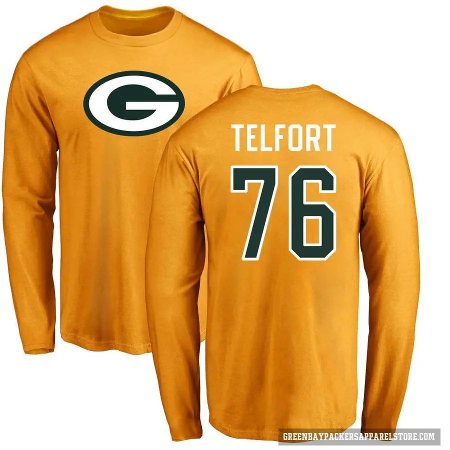 Youth ＃76 Kadeem Telfort Green Bay Packers Gold Logo Long Sleeve T-Shirt