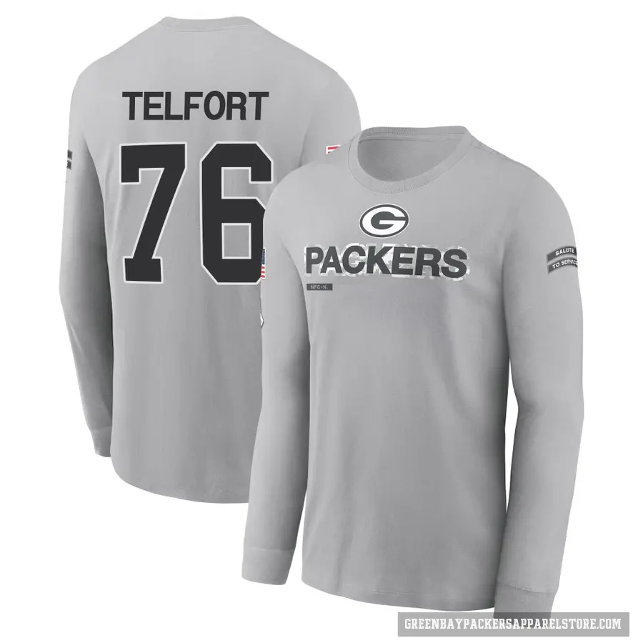 Youth ＃76 Kadeem Telfort Green Bay Packers Gray 2024 Salute to Service Long Sleeve T-Shirt