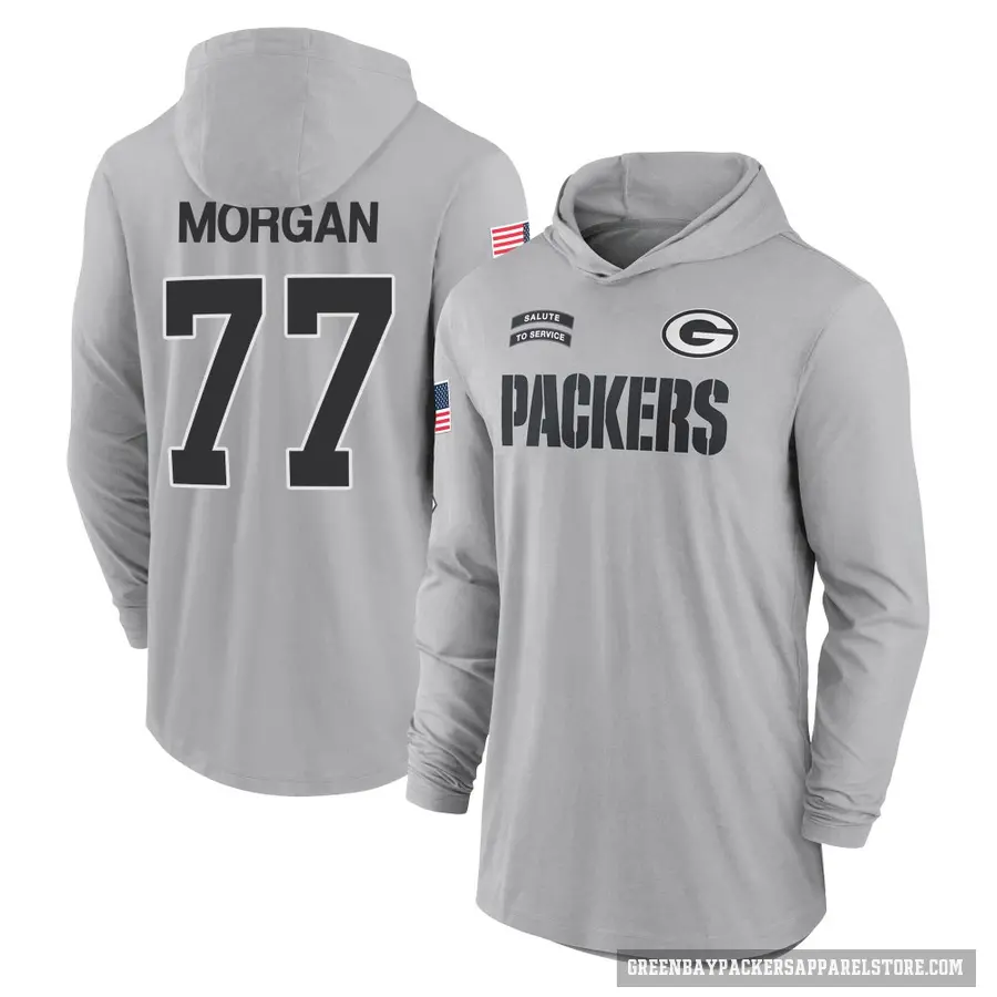 Youth ＃77 Jordan Morgan Green Bay Packers Gray 2024 Salute to Service Lightweight Performance Long Sleeve Hooded T-Shirt