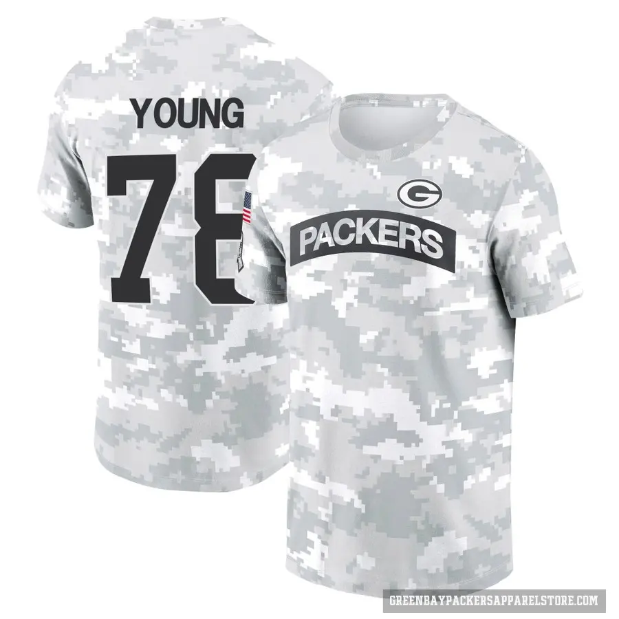 Youth ＃78 Cameron Young Green Bay Packers Camo Arctic 2024 Salute to Service Performance T-Shirt