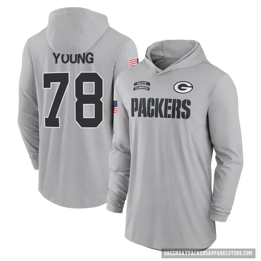 Youth ＃78 Cameron Young Green Bay Packers Gray 2024 Salute to Service Lightweight Performance Long Sleeve Hooded T-Shirt