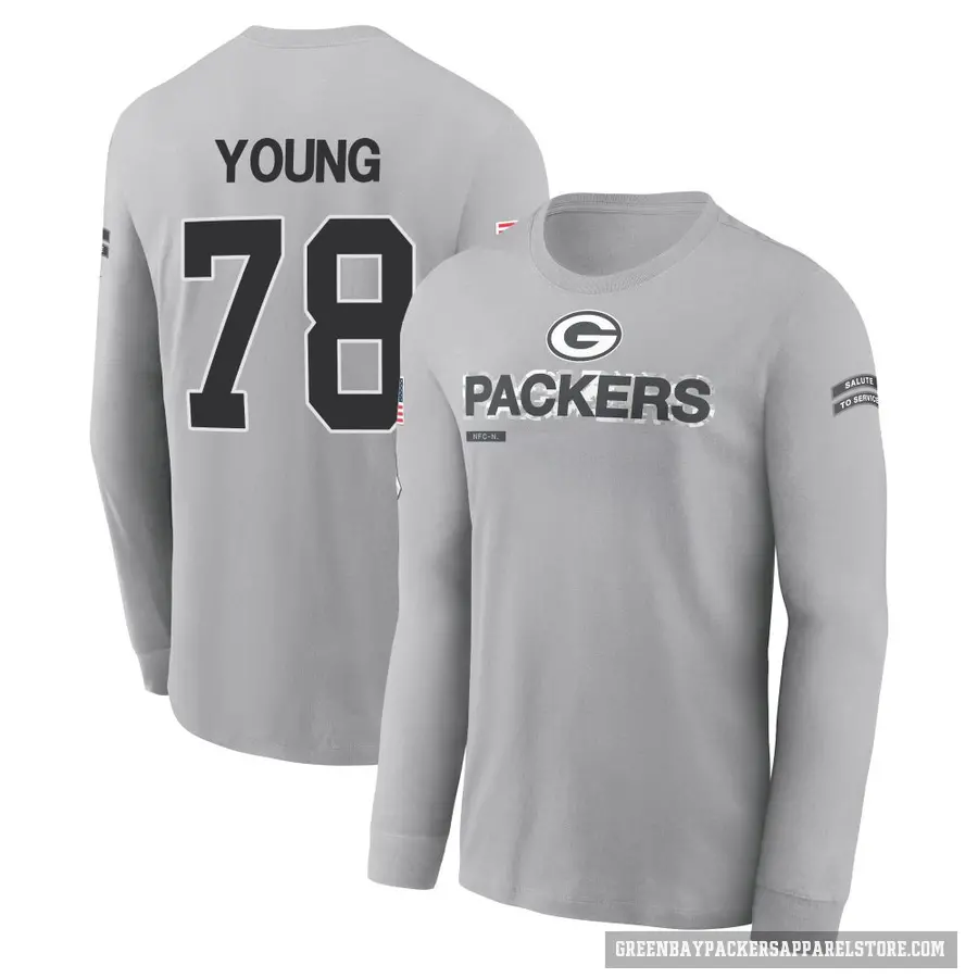 Youth ＃78 Cameron Young Green Bay Packers Gray 2024 Salute to Service Long Sleeve T-Shirt