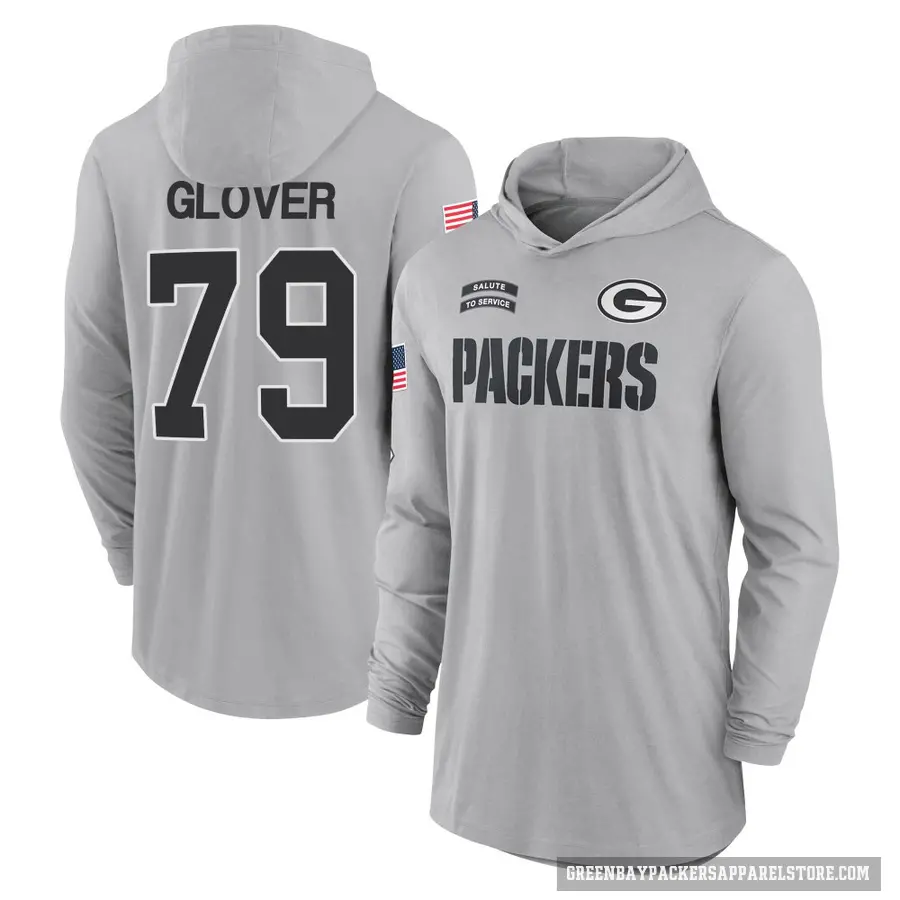 Youth ＃79 Travis Glover Green Bay Packers Gray 2024 Salute to Service Lightweight Performance Long Sleeve Hooded T-Shirt