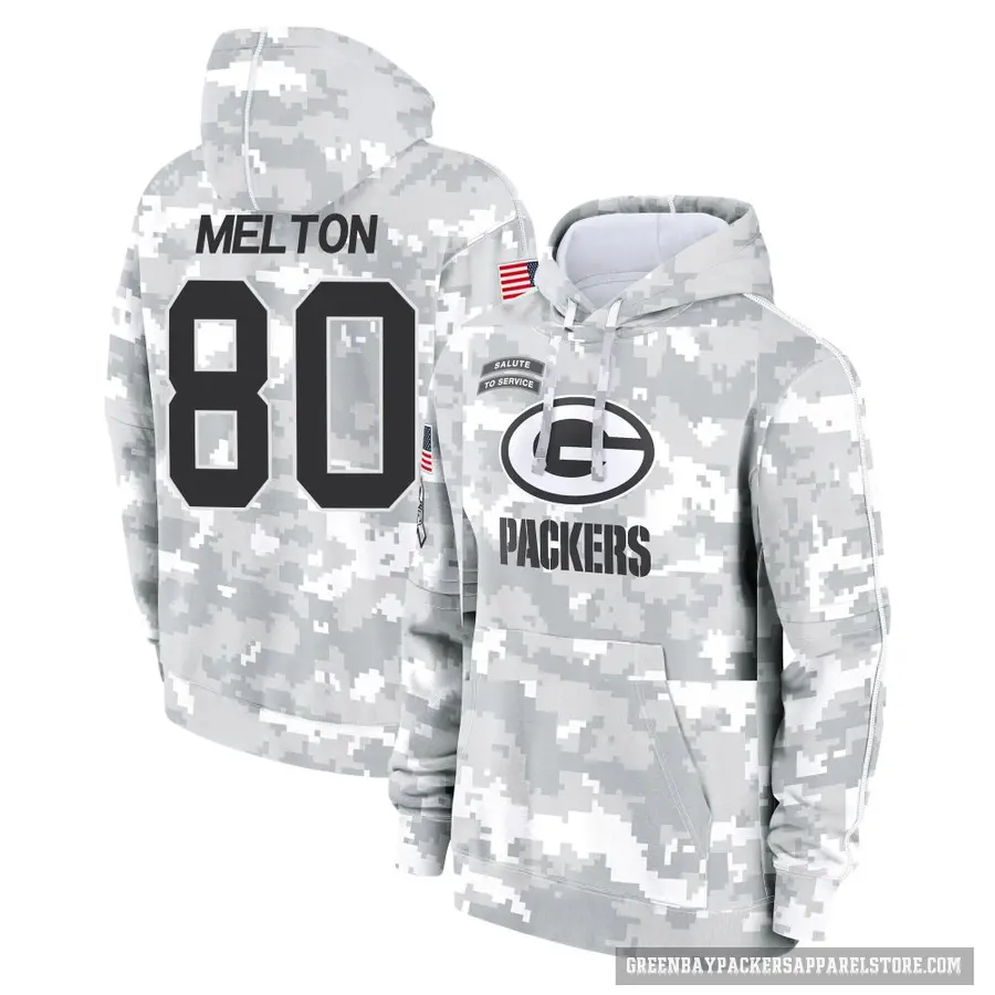 Youth ＃80 Bo Melton Green Bay Packers Arctic Camo 2024 Salute to Service Club Fleece Pullover Hoodie