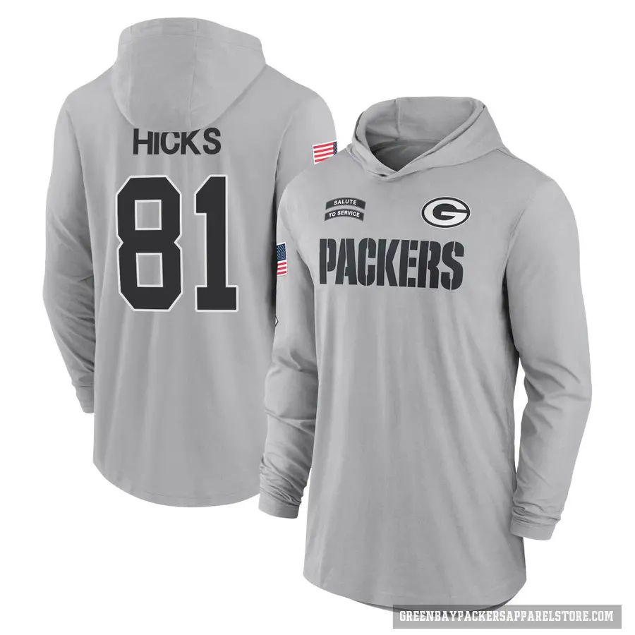 Youth ＃81 Julian Hicks Green Bay Packers Gray 2024 Salute to Service Lightweight Performance Long Sleeve Hooded T-Shirt