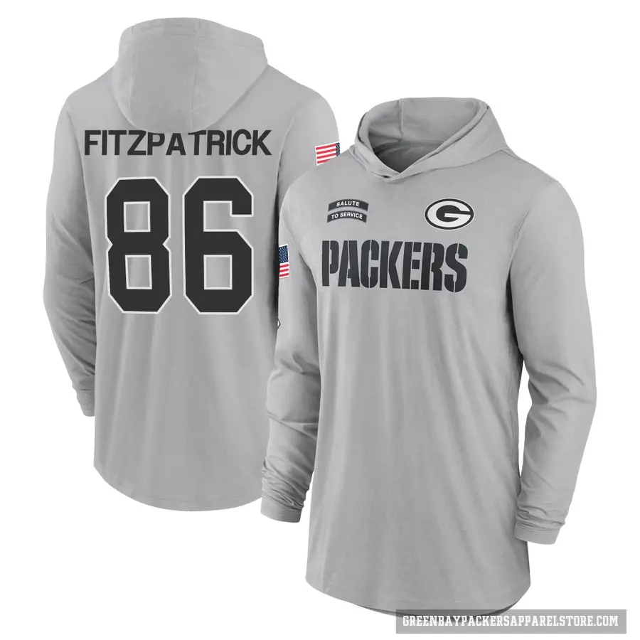 Youth ＃86 John FitzPatrick Green Bay Packers Gray 2024 Salute to Service Lightweight Performance Long Sleeve Hooded T-Shirt