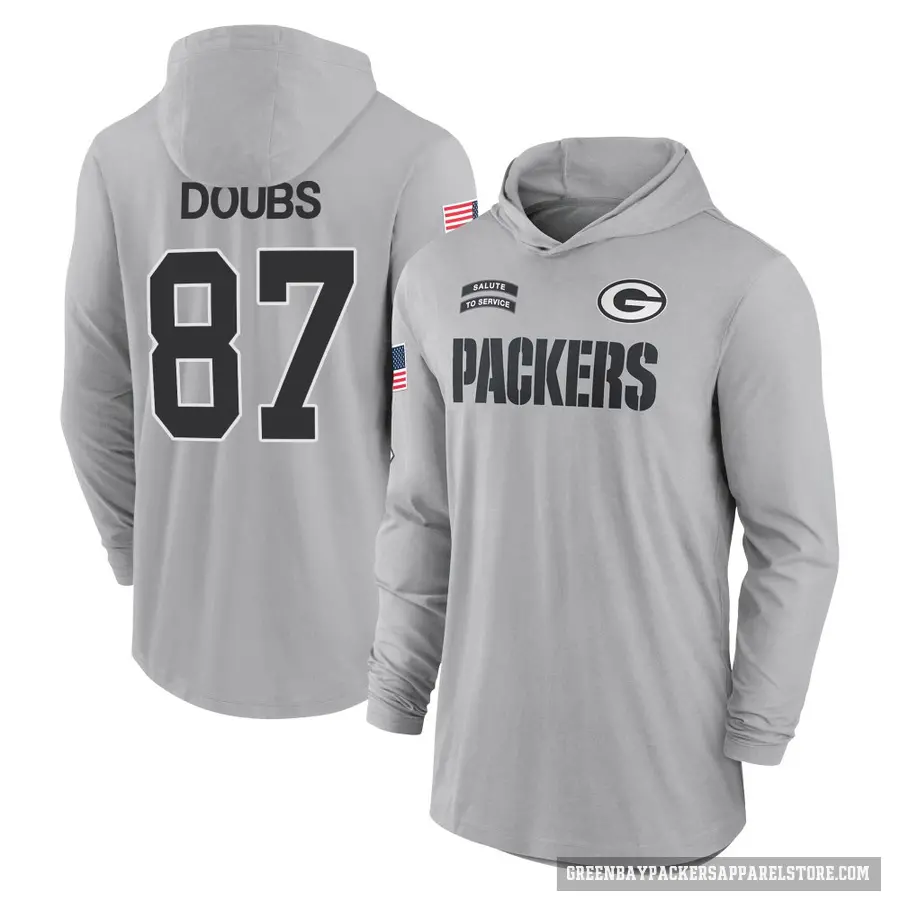Youth ＃87 Romeo Doubs Green Bay Packers Gray 2024 Salute to Service Lightweight Performance Long Sleeve Hooded T-Shirt