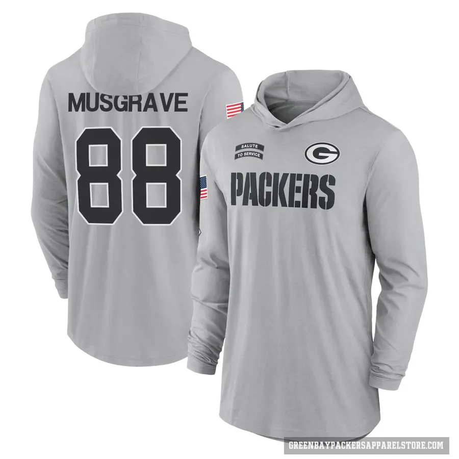 Youth ＃88 Luke Musgrave Green Bay Packers Gray 2024 Salute to Service Lightweight Performance Long Sleeve Hooded T-Shirt