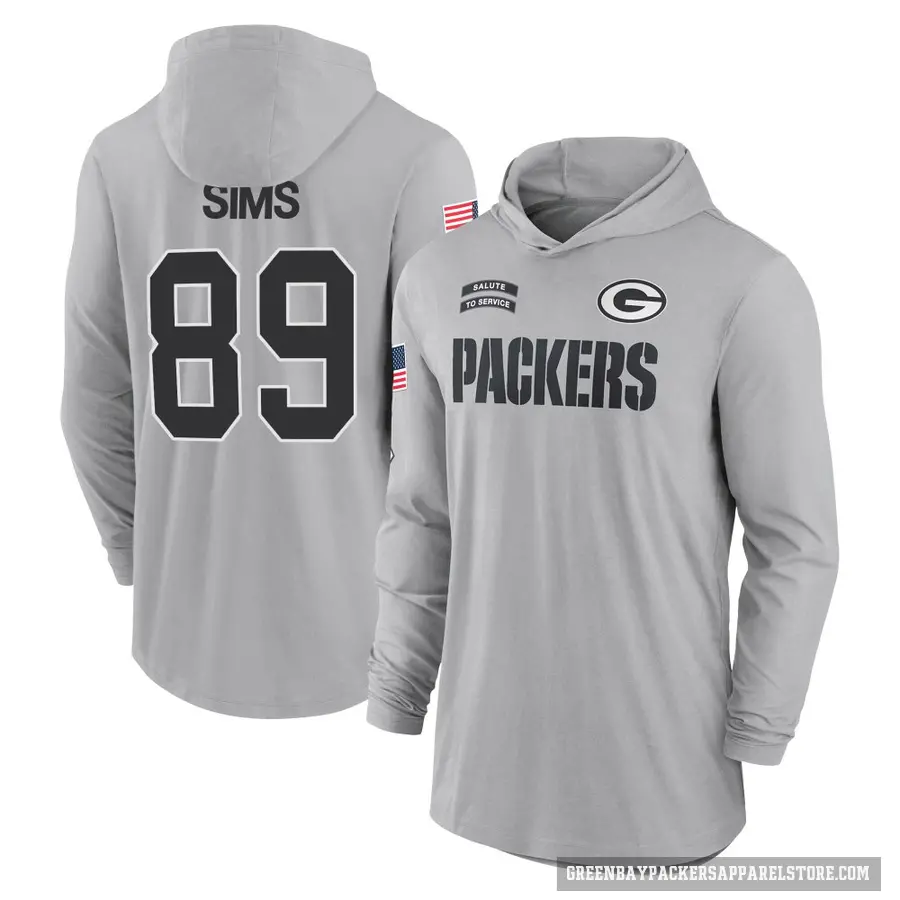 Youth ＃89 Ben Sims Green Bay Packers Gray 2024 Salute to Service Lightweight Performance Long Sleeve Hooded T-Shirt