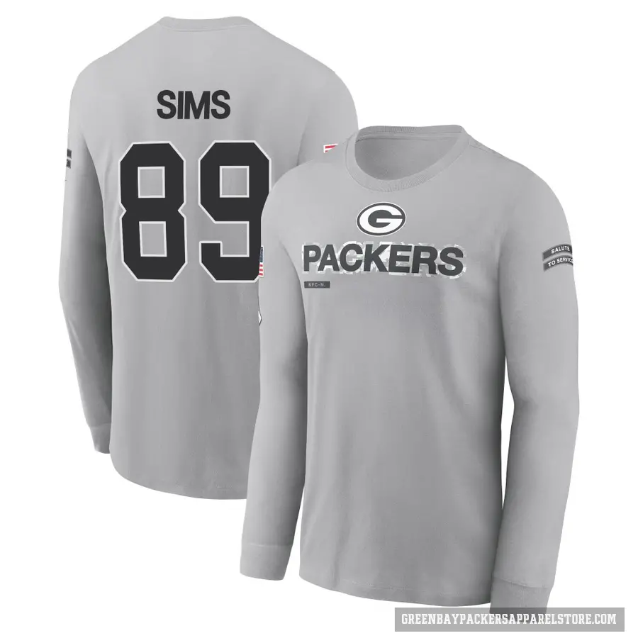 Youth ＃89 Ben Sims Green Bay Packers Gray 2024 Salute to Service Long Sleeve T-Shirt