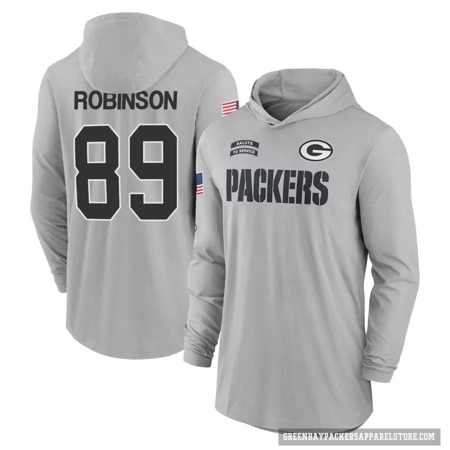 Youth ＃89 Dave Robinson Green Bay Packers Gray 2024 Salute to Service Lightweight Performance Long Sleeve Hooded T-Shirt