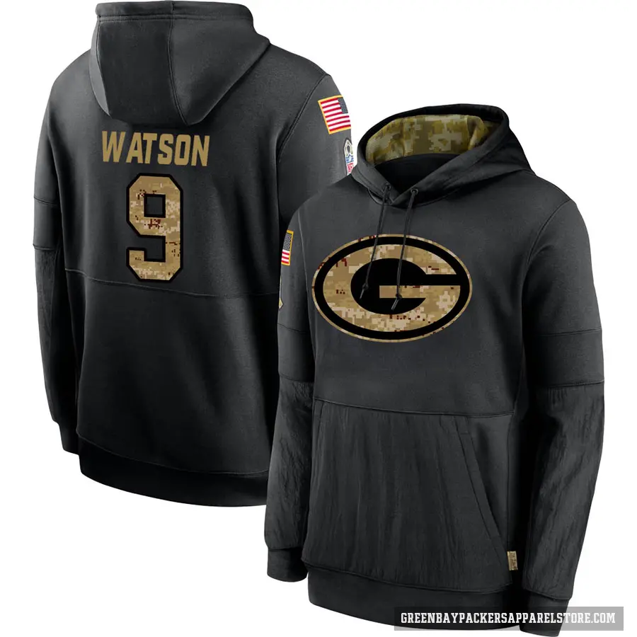 Youth ＃9 Christian Watson Green Bay Packers Black 2020 Salute to Service Sideline Performance Pullover Hoodie