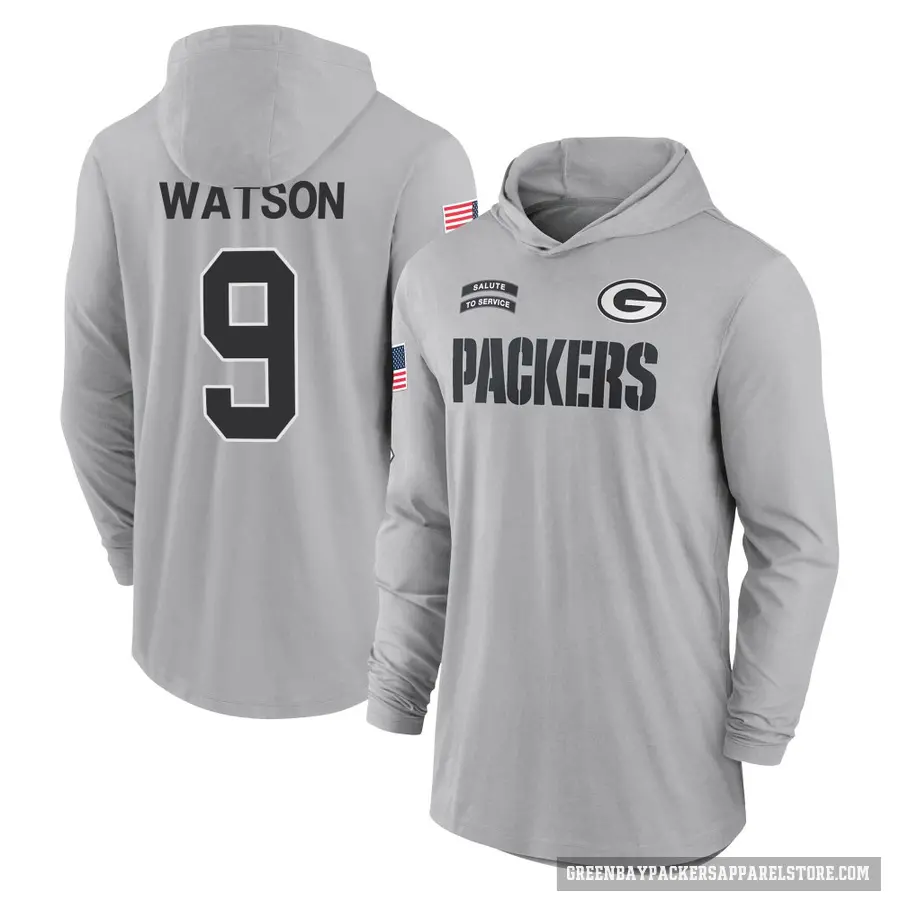 Youth ＃9 Christian Watson Green Bay Packers Gray 2024 Salute to Service Lightweight Performance Long Sleeve Hooded T-Shirt