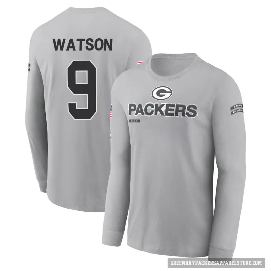 Youth ＃9 Christian Watson Green Bay Packers Gray 2024 Salute to Service Long Sleeve T-Shirt