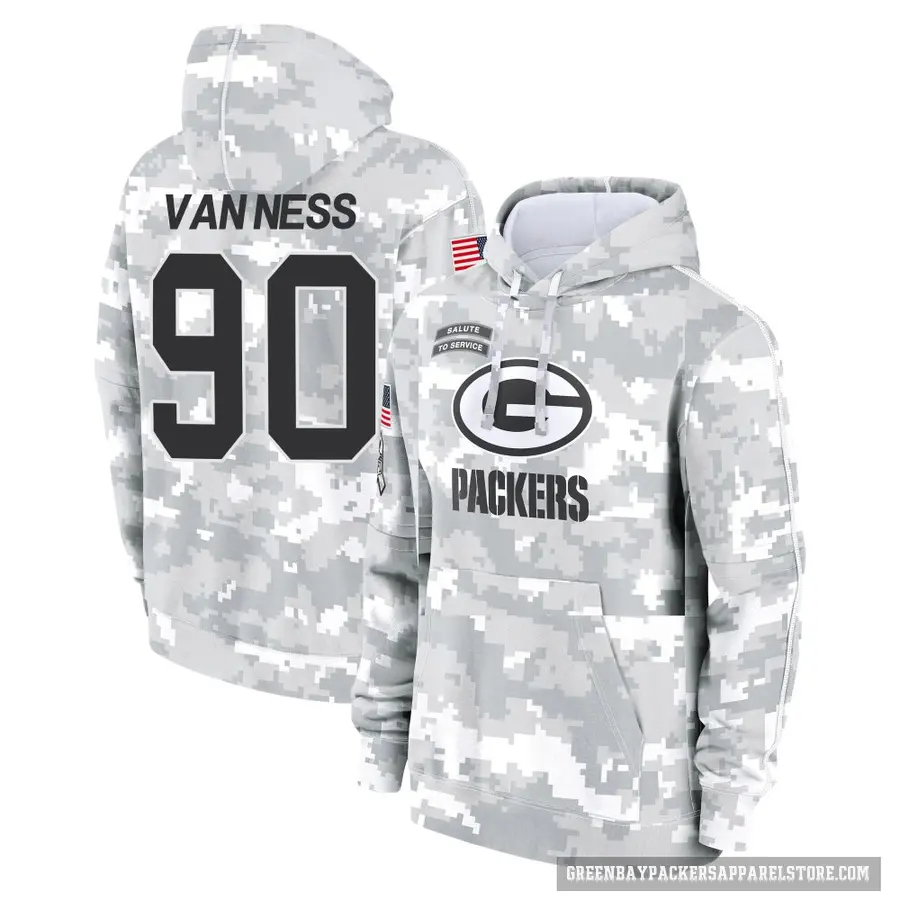 Youth ＃90 Lukas Van Ness Green Bay Packers Arctic Camo 2024 Salute to Service Club Fleece Pullover Hoodie