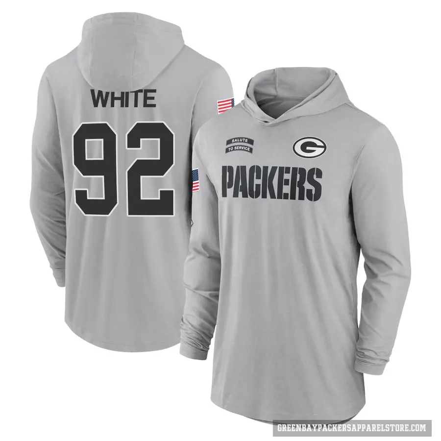 Youth ＃92 Reggie White Green Bay Packers Gray 2024 Salute to Service Lightweight Performance Long Sleeve Hooded T-Shirt