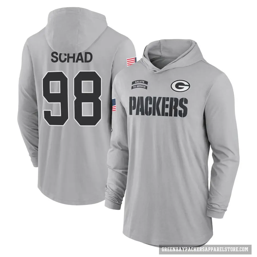Youth ＃98 Keonte Schad Green Bay Packers Gray 2024 Salute to Service Lightweight Performance Long Sleeve Hooded T-Shirt